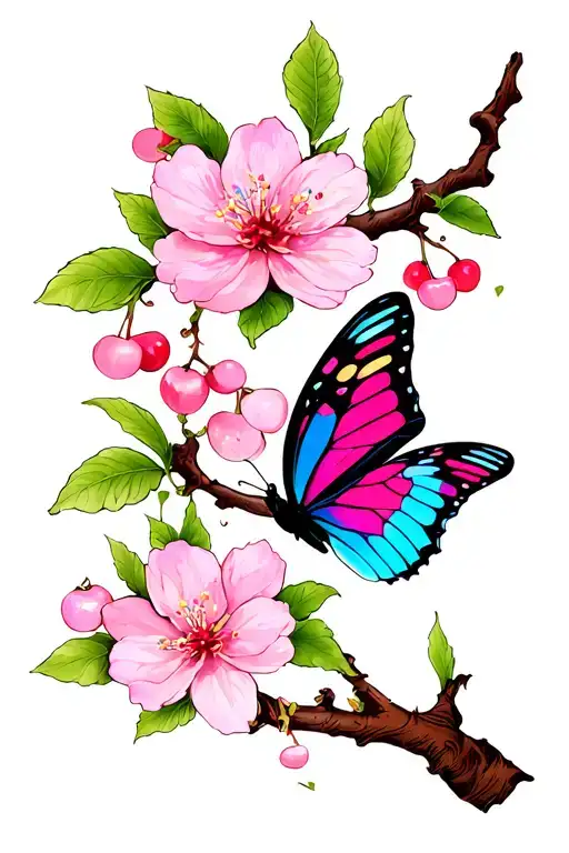 Cherry Blossom Branch With Butterfly In Color