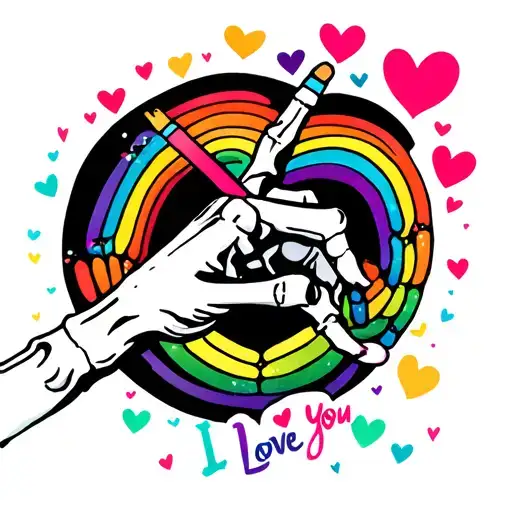Skeleton Hand Signing I Love You And 12 Rainbow Hearts