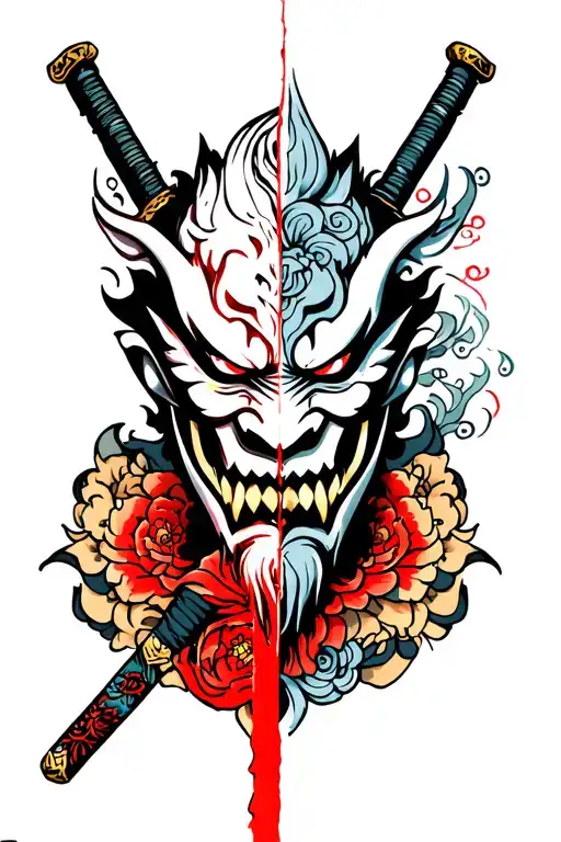 Oni Mask Split In Half With Samurai Sword Behind