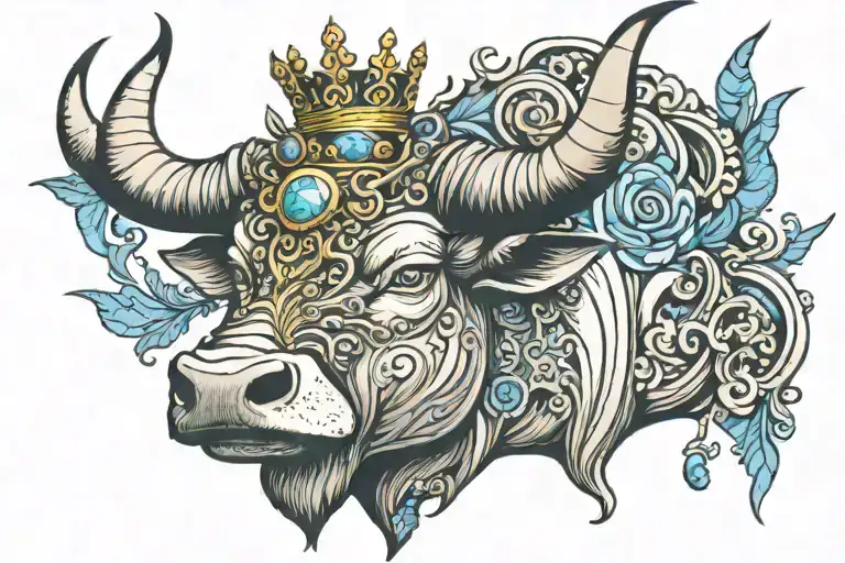 A Big Bull With Blue Eyes And A Crown Hanging From One Of The Horns
