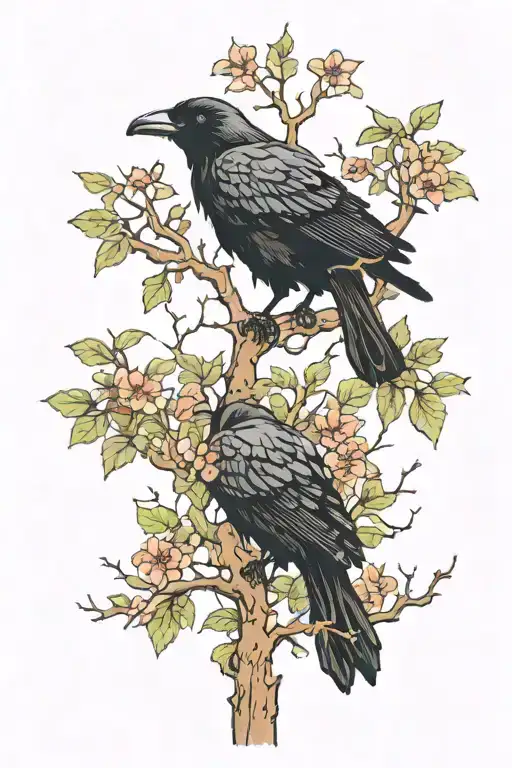 Crow Perched On A Tree With A Bush Of Flowers Growing At The Bottom Of The Tree