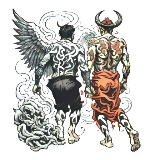 Two Men Walking In Hell Towards Heaven From Behind