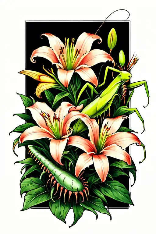 Lilies Intertwined With Venus Fly Traps And One Praying Mantis