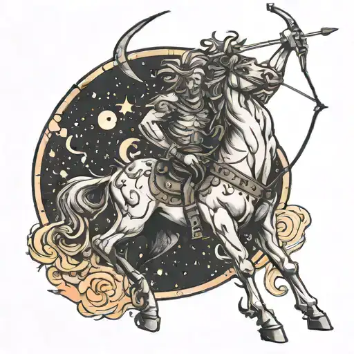 Centaur Archer With Bow Against Background Of Planets And Fire