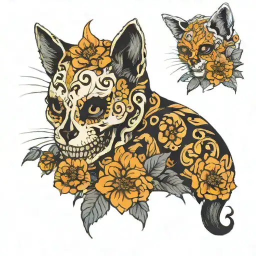 Cat Skull Covered In Marigold Flowers