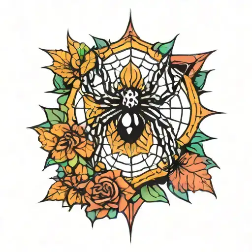 Spider And Web Flower And Leaves Coming From Behind