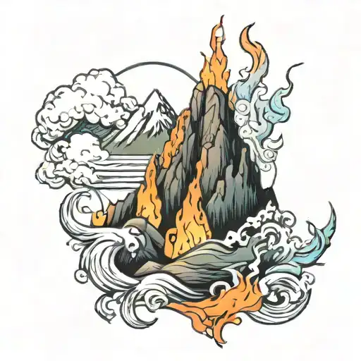 Coverup Tatoo Of A Mountain With Flames On Hand