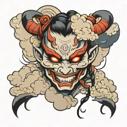 Oni Mask Half Face Of A Girl With Clouds In Background