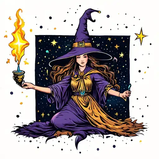 A Cosmic Witch Casting Spells Under A Star-filled Sky