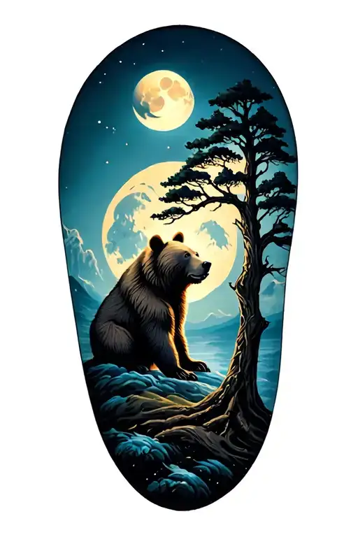 Men Half Sleeve Tree Bear Moon