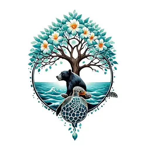 Tree Of Life Intertwined With Flower Of Life Bear And Sea Turtle