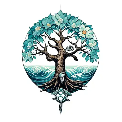 Tree Of Life Intertwined With Flower Of Life Bear And Sea Turtle