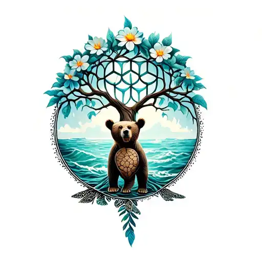Tree Of Life Intertwined With Flower Of Life Bear And Sea Turtle