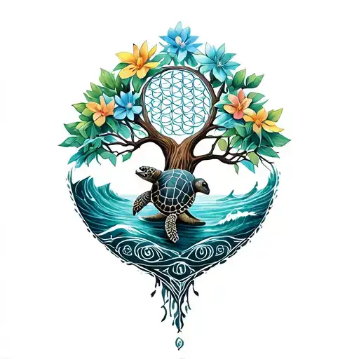 Tree Of Life Intertwined With Flower Of Life Bear And Sea Turtle