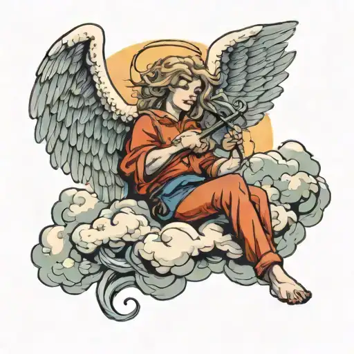 Angel Sitting On A Cloud Fishing From Heaven With Someone Else Fishing From Earth
