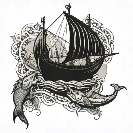 Viking Ships And Fish Webs Surrounding