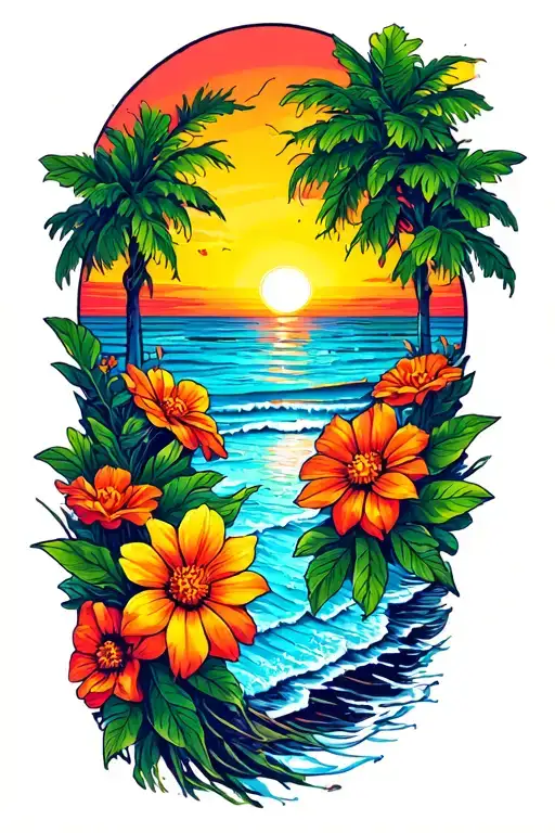 Beach Sunset With Flowers Growing