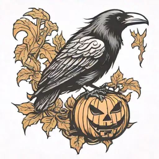 Crow Sitting On A Wilted Jack O Lantern