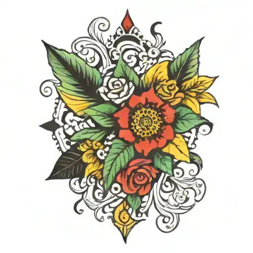 Traditional Color Tattoo With Red Yellow Green And Black Of Flower And Compas In A Unique Shape