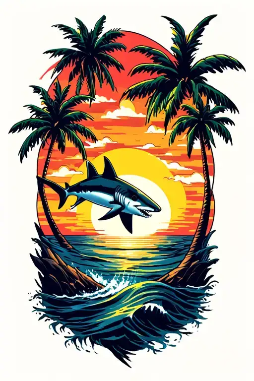 Palm Trees And Sunset Scene With Shark Jumping