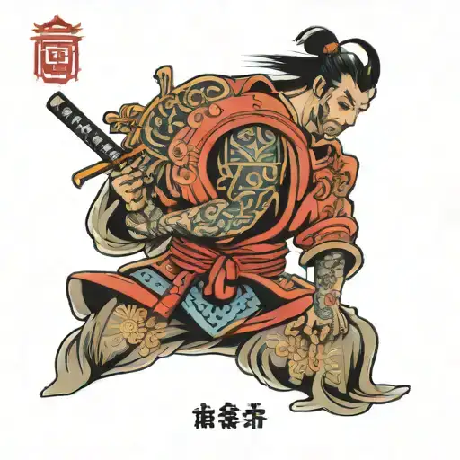 Samurai With Shinto Shrine And Sons Initials Sleeve