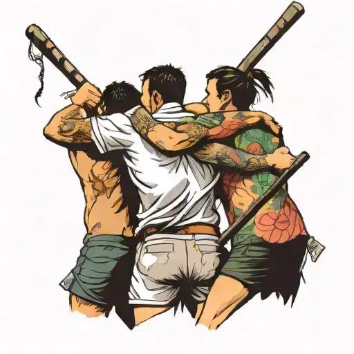 Friends From Behind Holding Shoulders In Front Of Rugby Poles