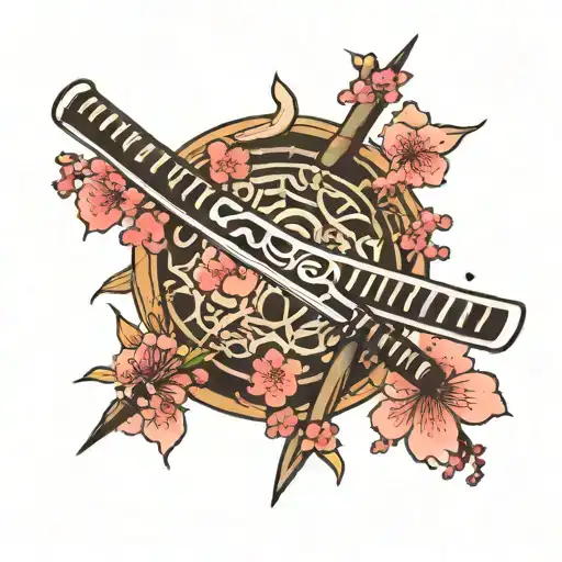 Cherry Blossom With Katana Sword Surrounded