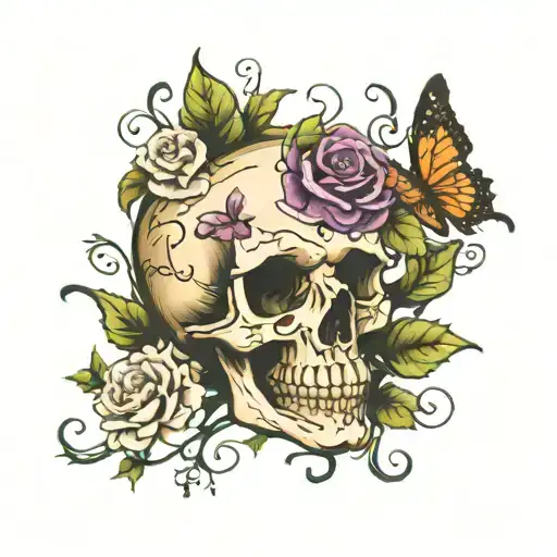 Skull And Flowers And Vines And Butterflies