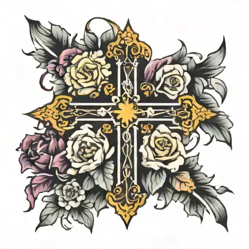 Christian Cross With Angles And Flowers