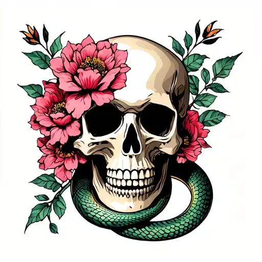 Skull With Flowers And Snake