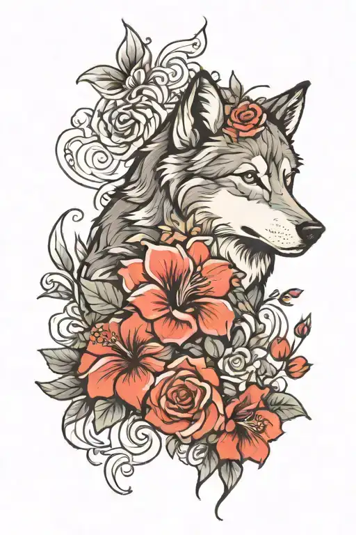 Wolf Blended With Roses Mayflowers Hibiscus