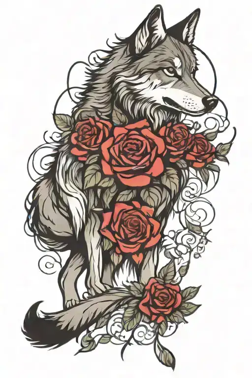 Wolf Blended By Roses And Mayflowers