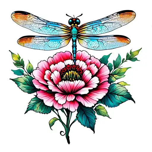 Dragonfly And Carnation Flowers