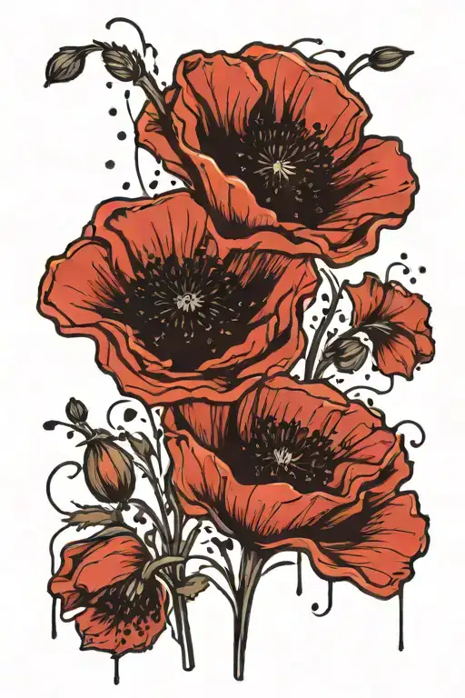 Red And Black Poppies With Black Ink Splatter
