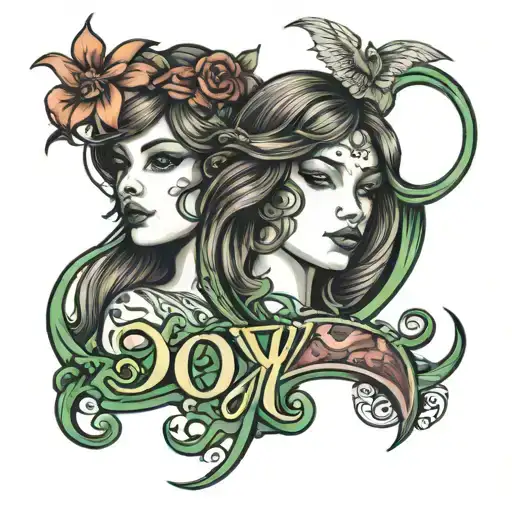Show The Name Joy With A Symbol And Depict Twin Girls