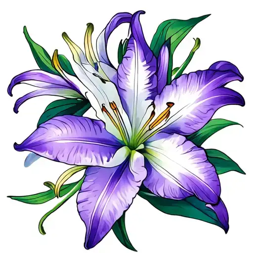 Double Pedal Lily Flowers Intertwined Purple And White And Blue