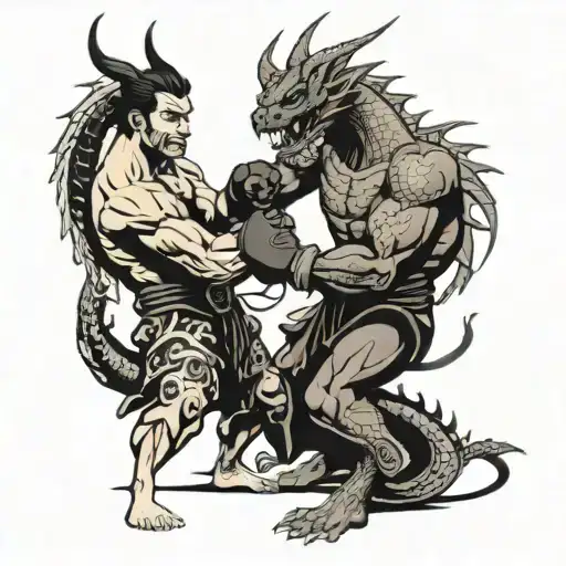 A Ronin Boxer Facing Off Against A Dragon In A Blackwork Style