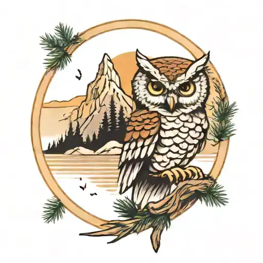 Owl And Mountain And Pine Tree