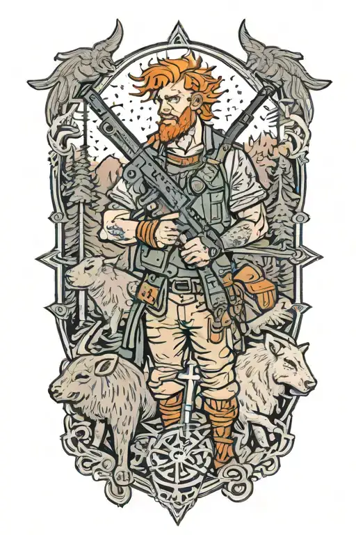 Man With Orange Hair On A Cross Surrounded By Peccary And The Forest Holding A Gun And