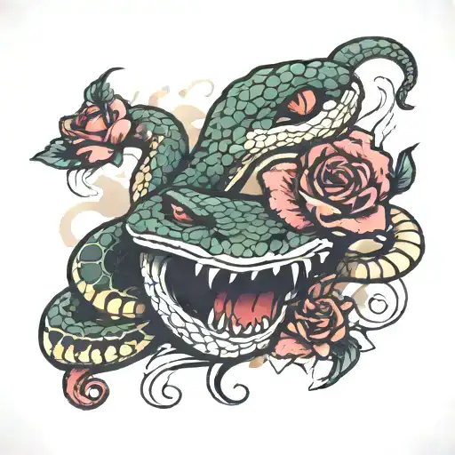 Snake With Rose In Mouth And Smoke In Background