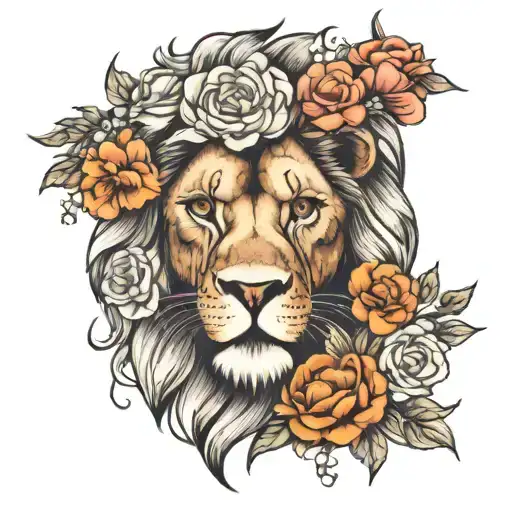 A Lion Face And Flowers