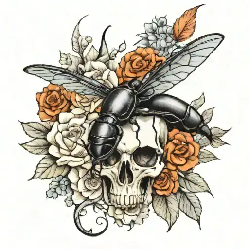 Stag Beetle And Crow Skull With Flowers
