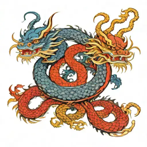 Two Japanese Dragon Entwined With Tales