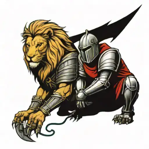 Male Lion And A Knight Kneeling