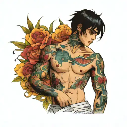 Scrawny Black Haired Boy With Colorfully Tattooed Torso