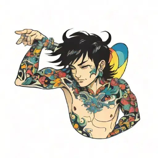 Boy With Black Hair And Colorful Tattoos On His Whole Body