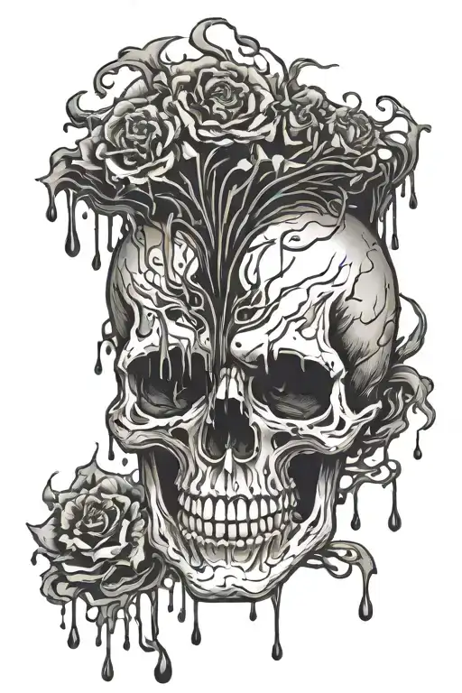 Skull Crying Black Tears Melting Into Abstact Black Lines