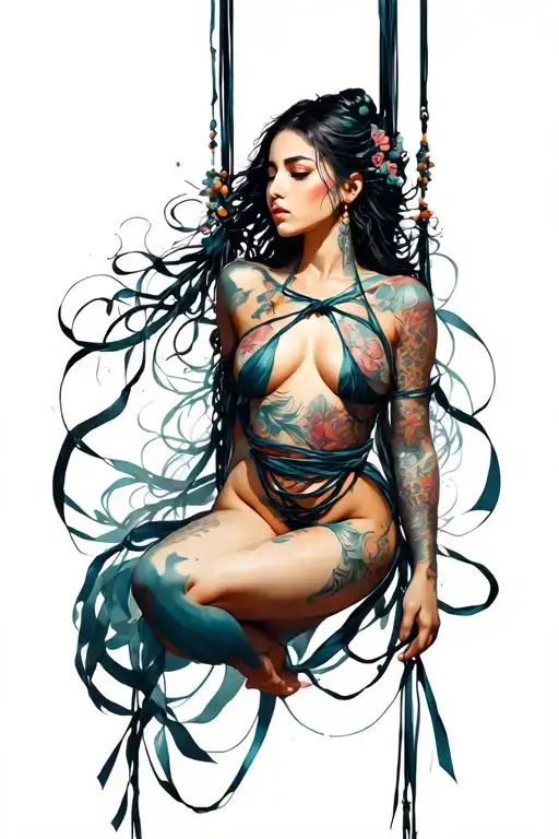 Biomecanic Background With A Suspended Shibari Woman Attached With Ribbons