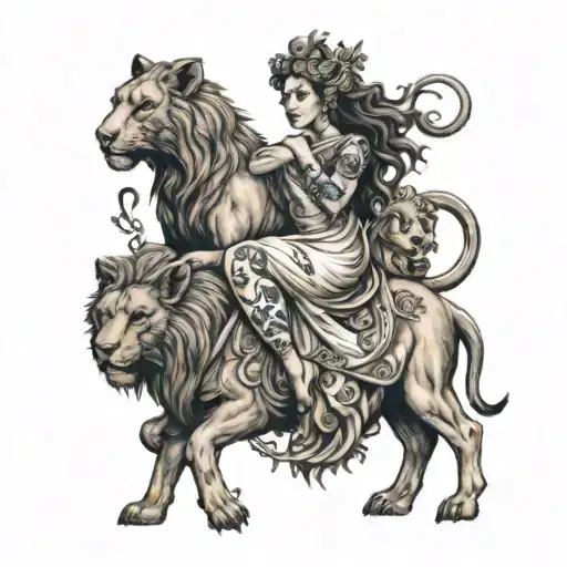 A Female Centaur With Two Lion Cubs Riding On Her Back