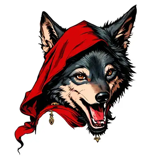 Red Riding Hood Pin Up Girl Holding The Big Bad Wolf's Head Off To Her Side